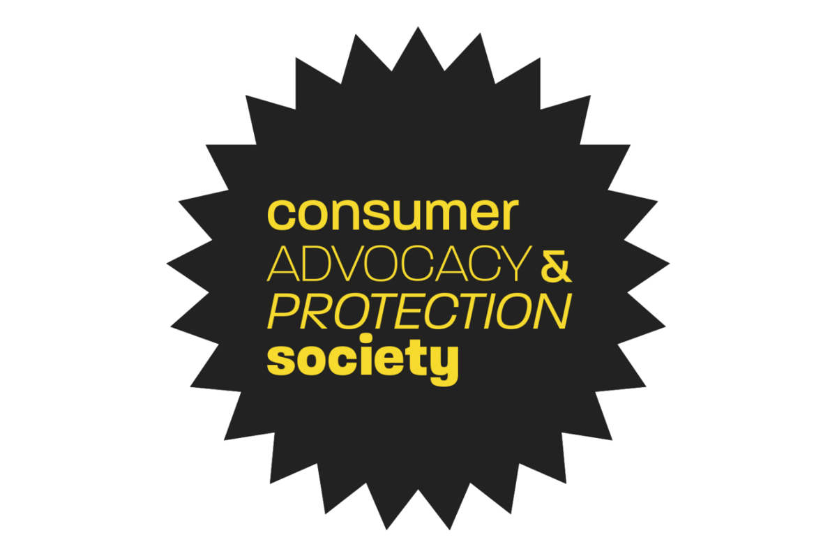 Consumer Advocacy & Protection Society logo. Yellow text against black circular shape with saw-tooth edge.