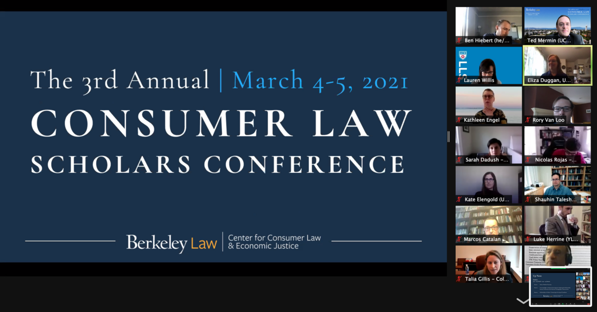 Screenshot of Zoom attendees, banner image saying "3rd Annual Consumer Law Scholars Conference"