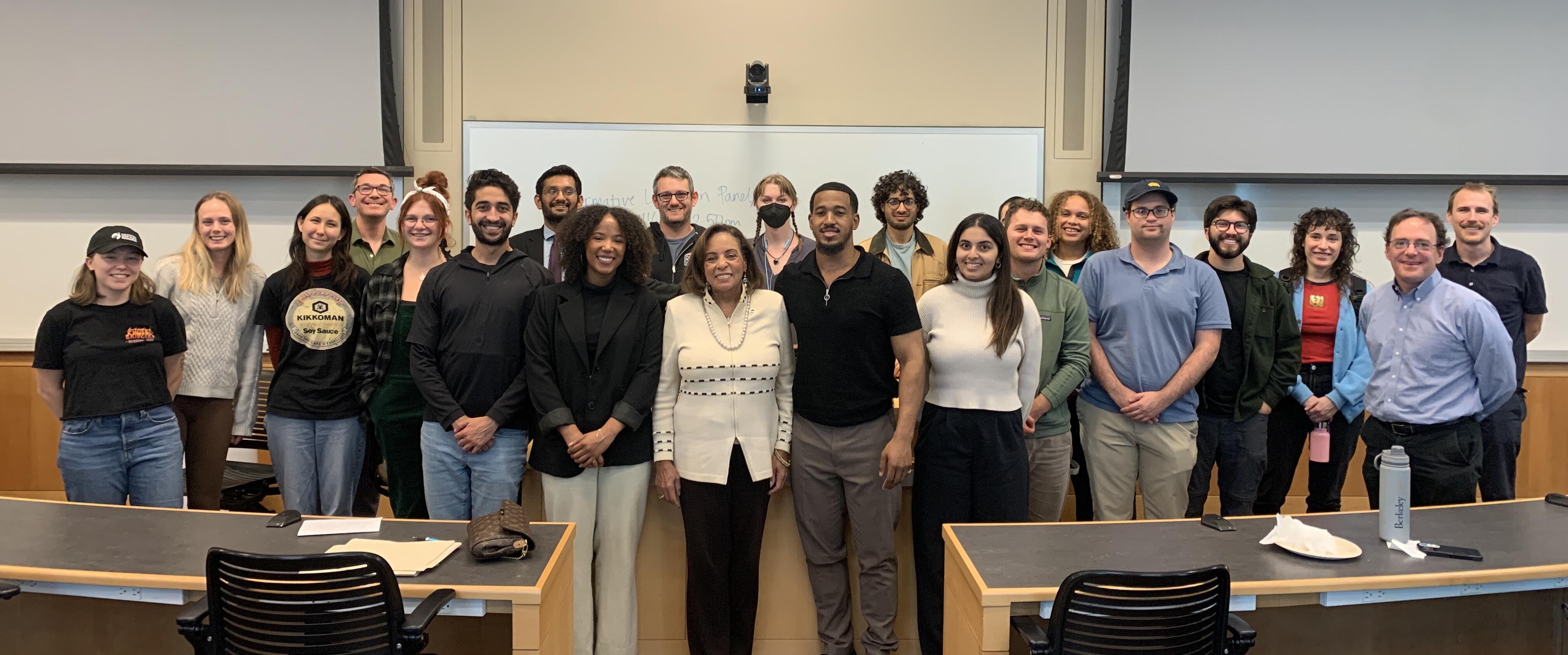 Group photo of law students with California DFPI Commissioner Cloey Hewlett at Berkeley Law event.