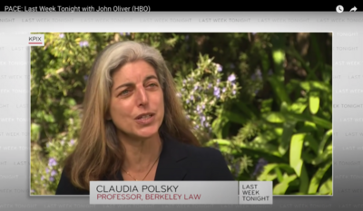 Image of Professor Claudia Polsky being interviewed on John Oliver's PACE segment on Last Week Tonight.